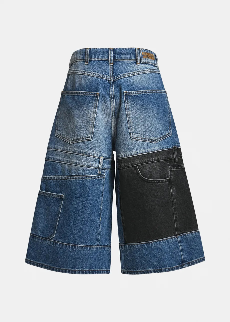 Essentiel Antwerp Dark blue and black dual-panel patchwork denim shorts