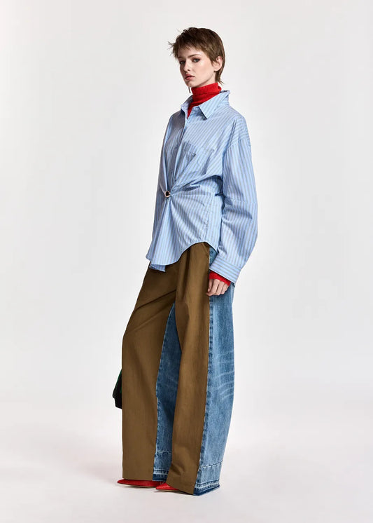 Essentiel Antwerp Brown and blue dual-fabric wide-leg pants