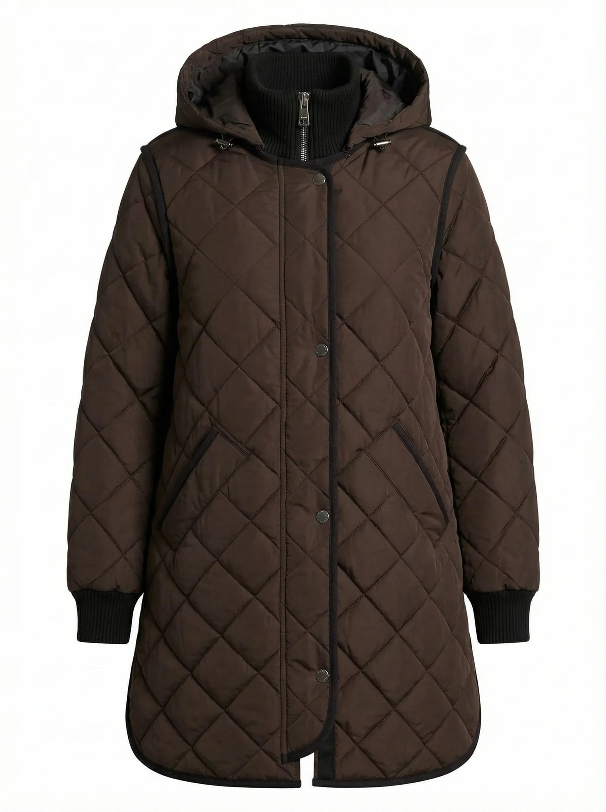 Adrøit Aterlier Libby, quilted full zip coat with removable hood in Black/Camel & Choclate Torte