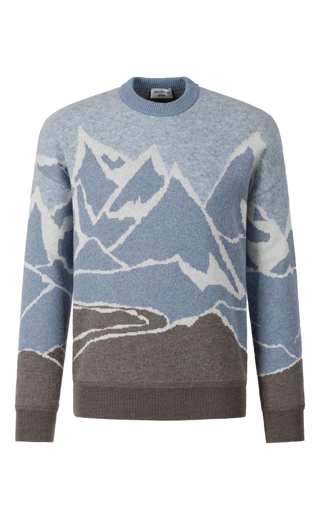 Phil Petter Crew Neck Sweater with Alpine Mountain Motif - Modern Fit