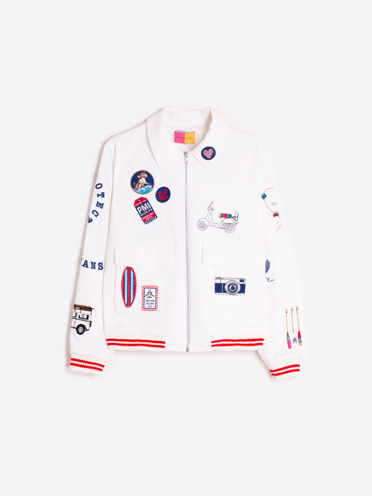 Vilagallo White Bomber Jacket with Surf Embroidery