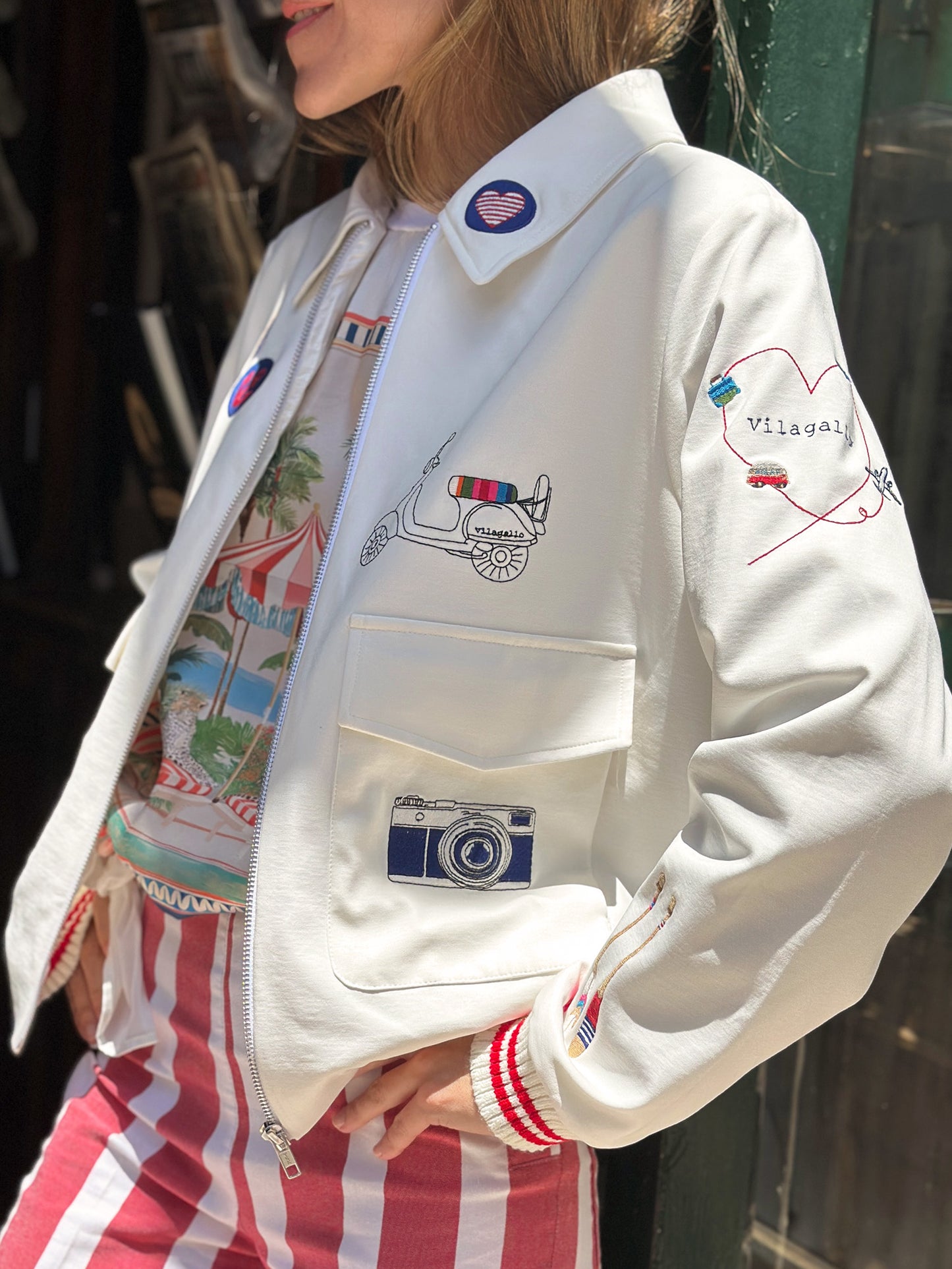Vilagallo White Bomber Jacket with Surf Embroidery