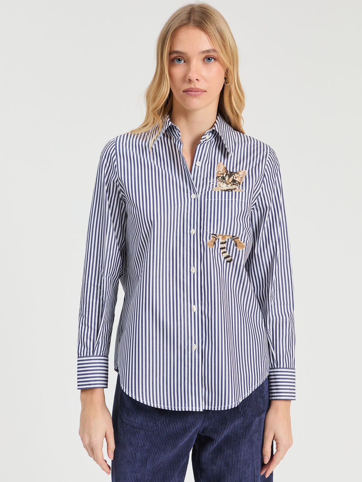 Vilagallo Magda Embroidered Striped Cat Blouse