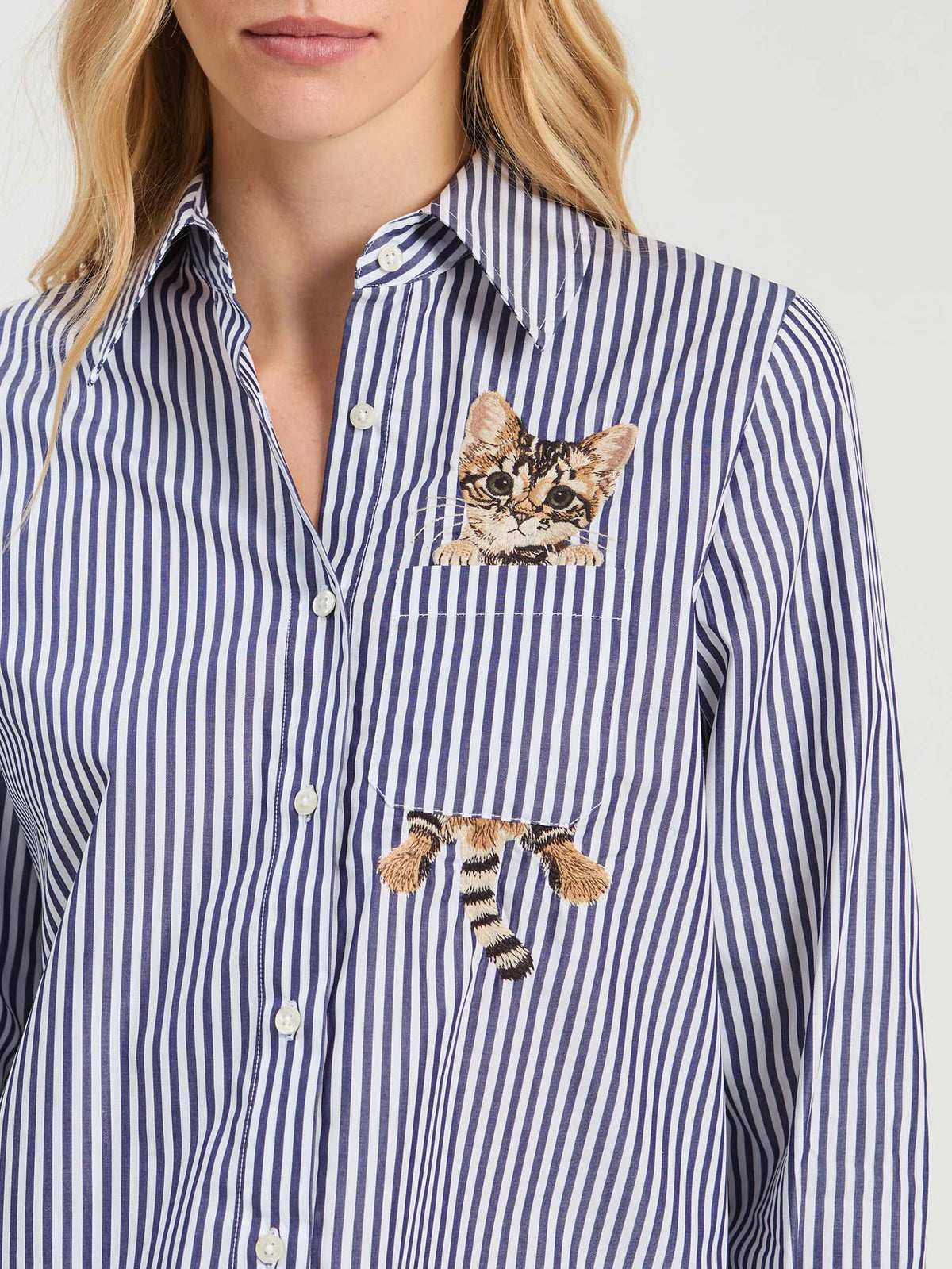 Vilagallo Magda Embroidered Striped Cat Blouse