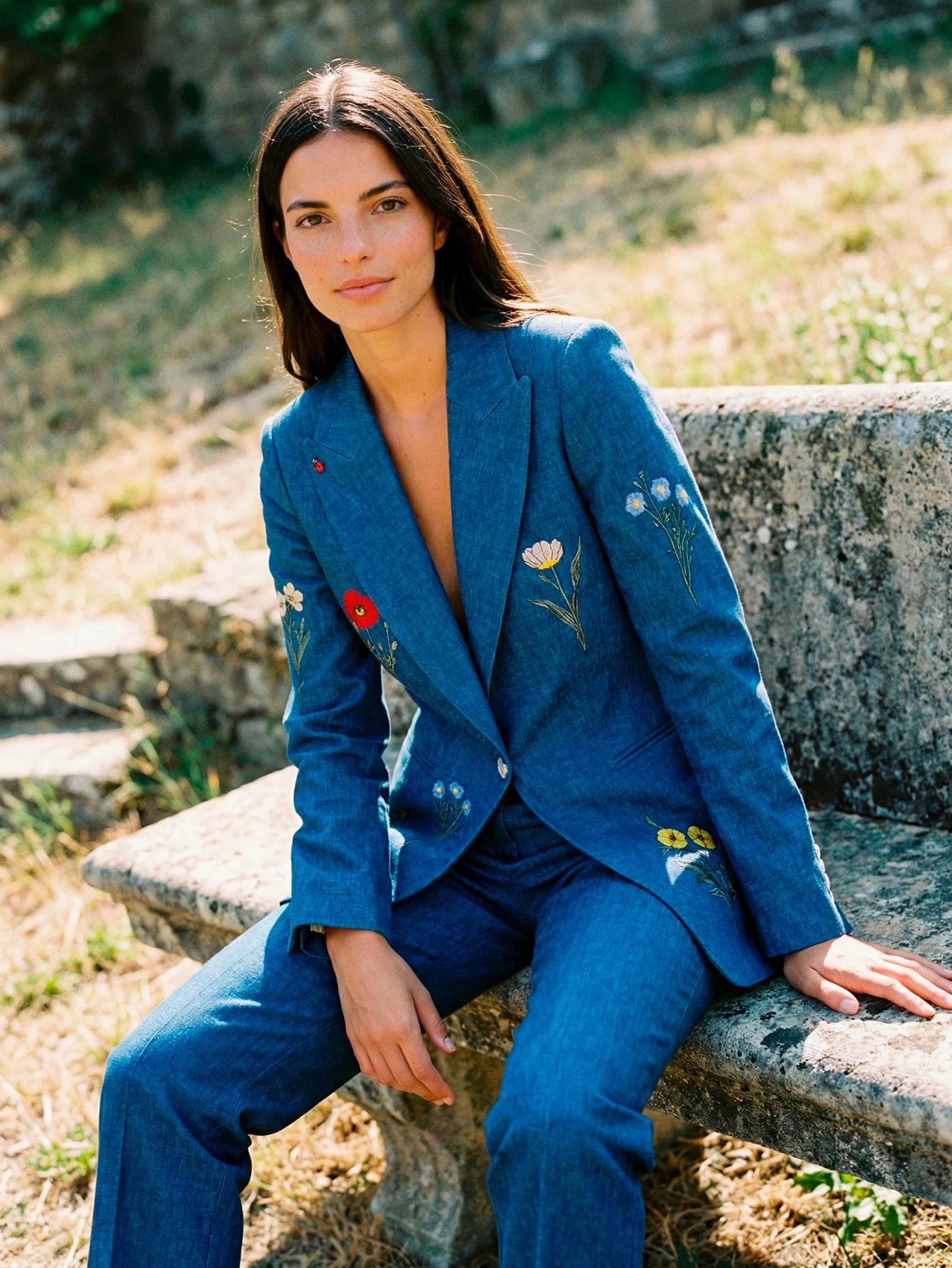 Vilagallo Blue Jacket with Embroidered Flowers