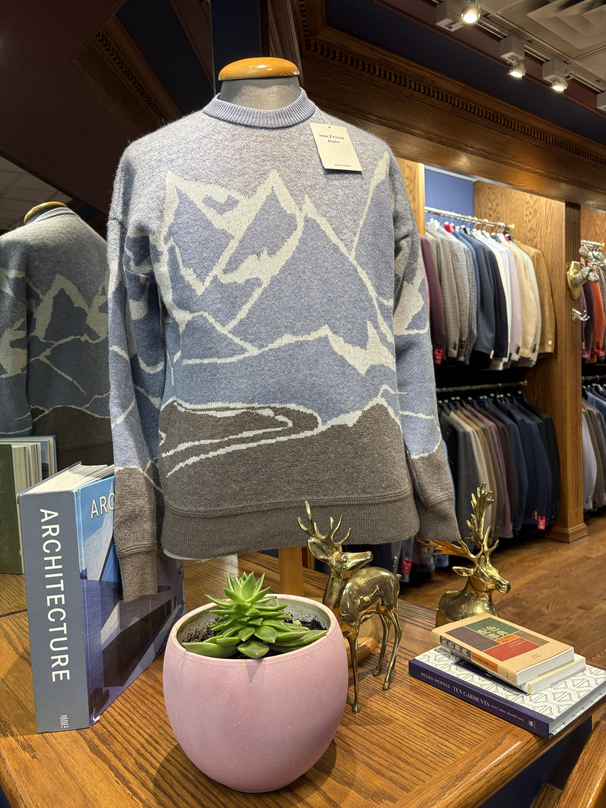 Phil Petter Crew Neck Sweater with Alpine Mountain Motif - Modern Fit