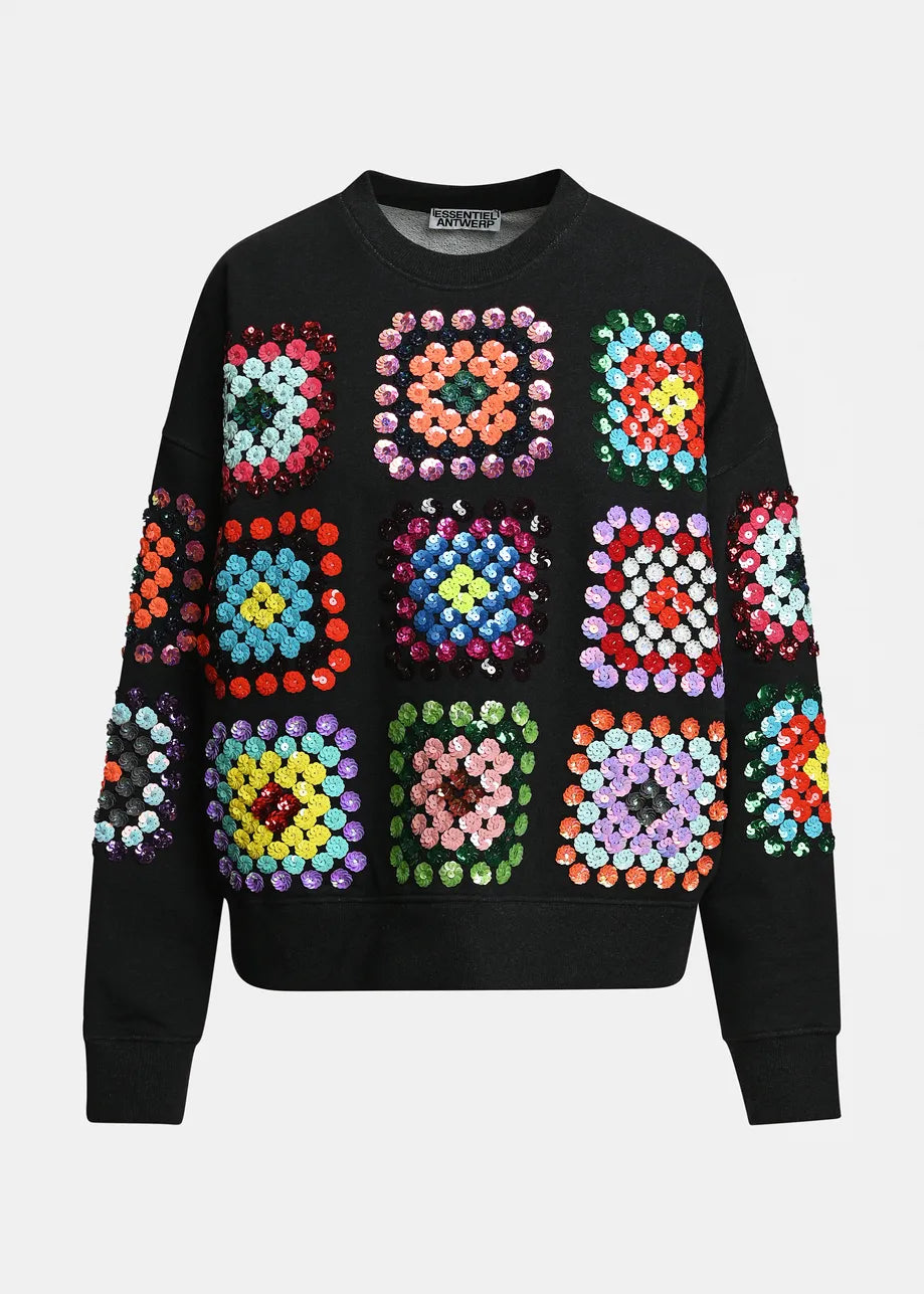 Essentiel Antwerp Black and Multicolor Geometric Floral-Embellished Sweatshirt