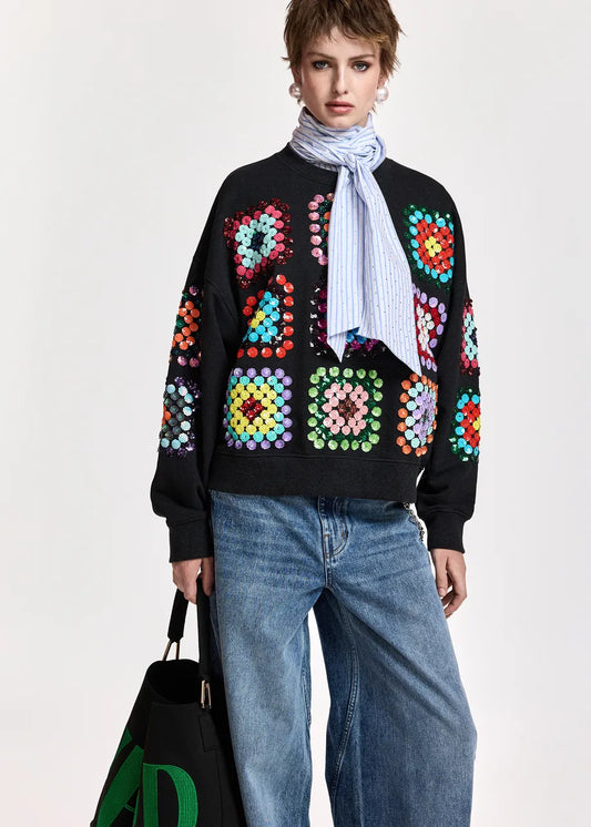 Essentiel Antwerp Black and Multicolor Geometric Floral-Embellished Sweatshirt