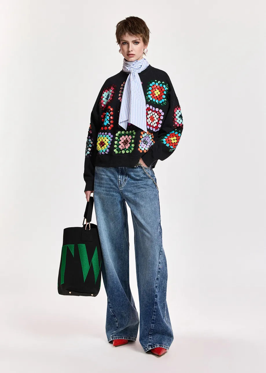 Essentiel Antwerp Black and Multicolor Geometric Floral-Embellished Sweatshirt