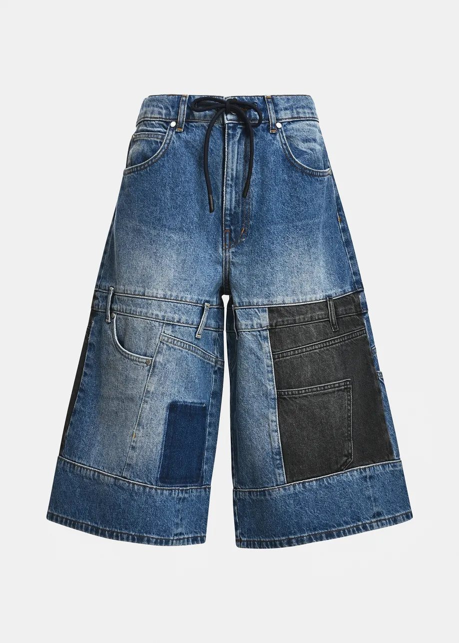 Essentiel Antwerp Dark blue and black dual-panel patchwork denim shorts