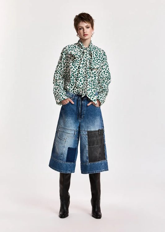 Essentiel Antwerp Dark blue and black dual-panel patchwork denim shorts