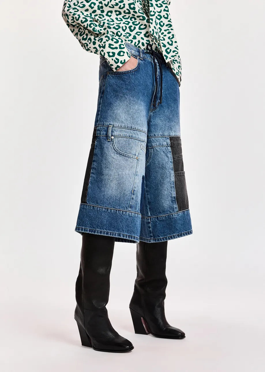 Essentiel Antwerp Dark blue and black dual-panel patchwork denim shorts