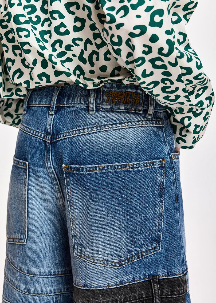 Essentiel Antwerp Dark blue and black dual-panel patchwork denim shorts