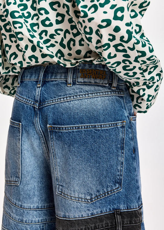 Essentiel Antwerp Dark blue and black dual-panel patchwork denim shorts