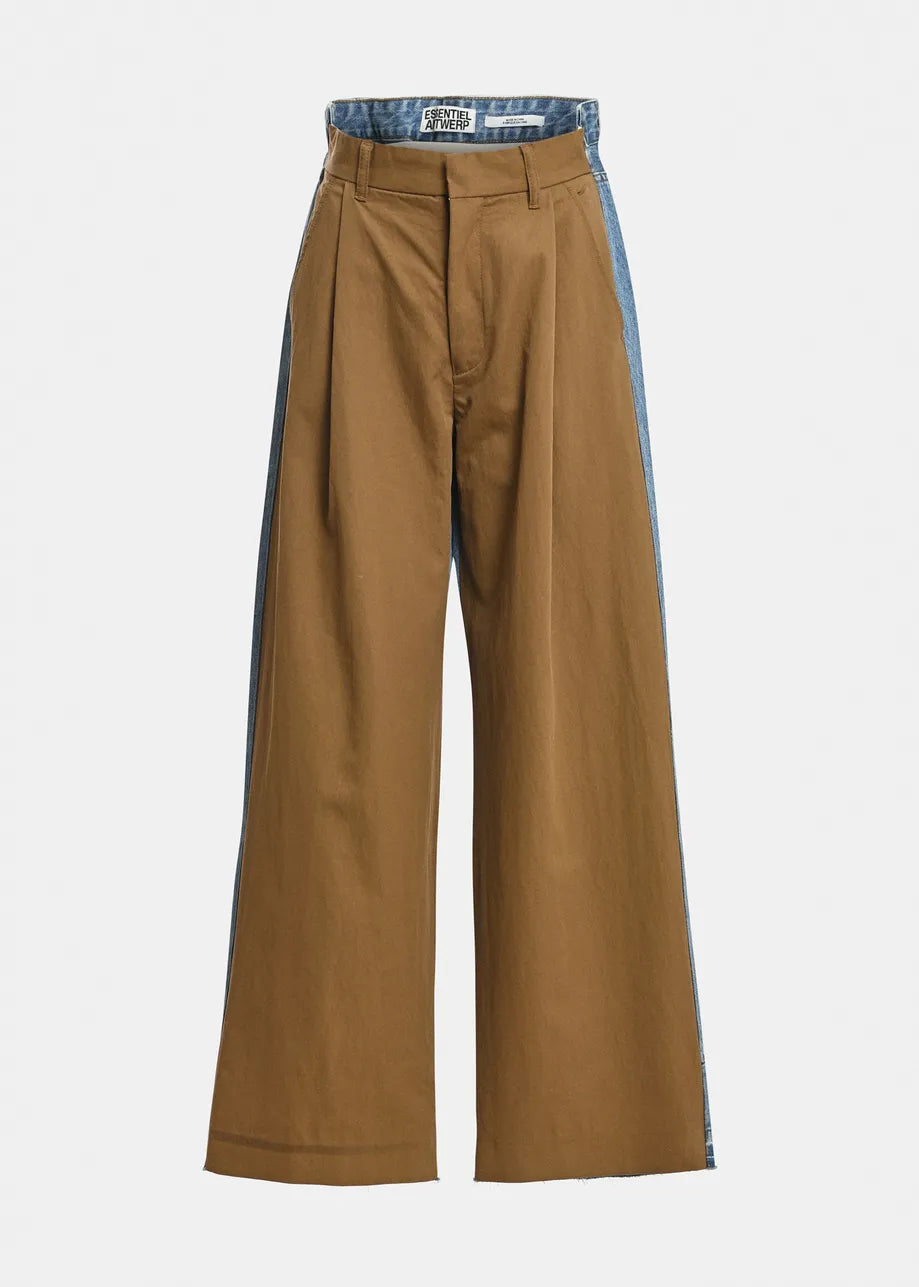 Essentiel Antwerp Brown and blue dual-fabric wide-leg pants
