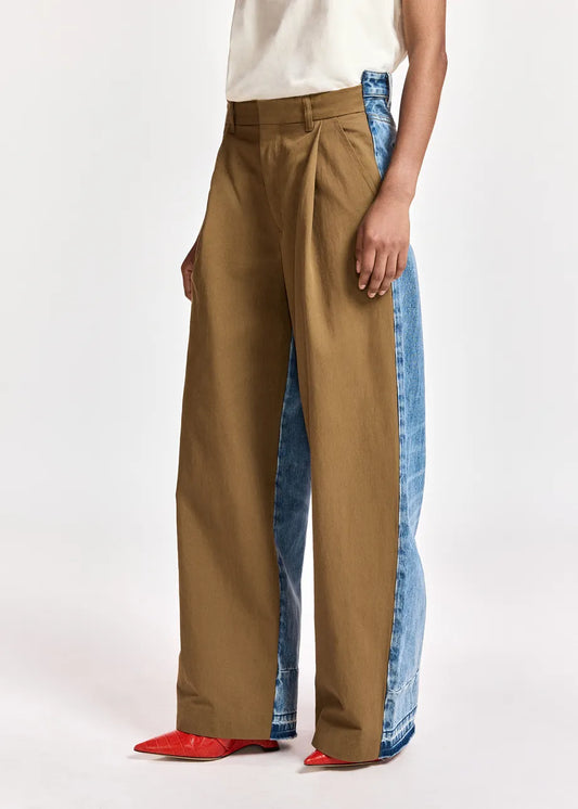 Essentiel Antwerp Brown and blue dual-fabric wide-leg pants