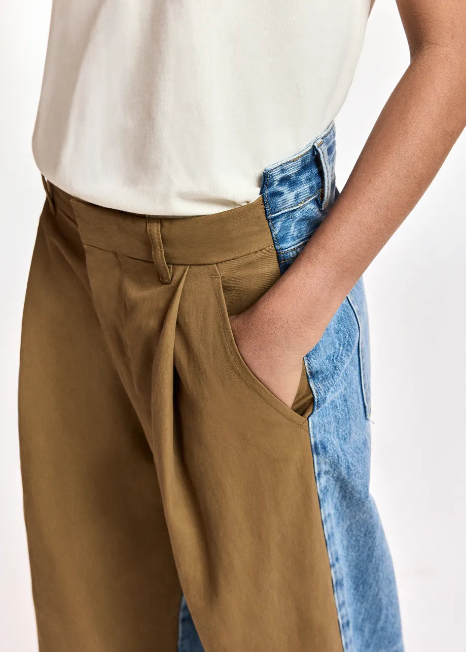 Essentiel Antwerp Brown and blue dual-fabric wide-leg pants