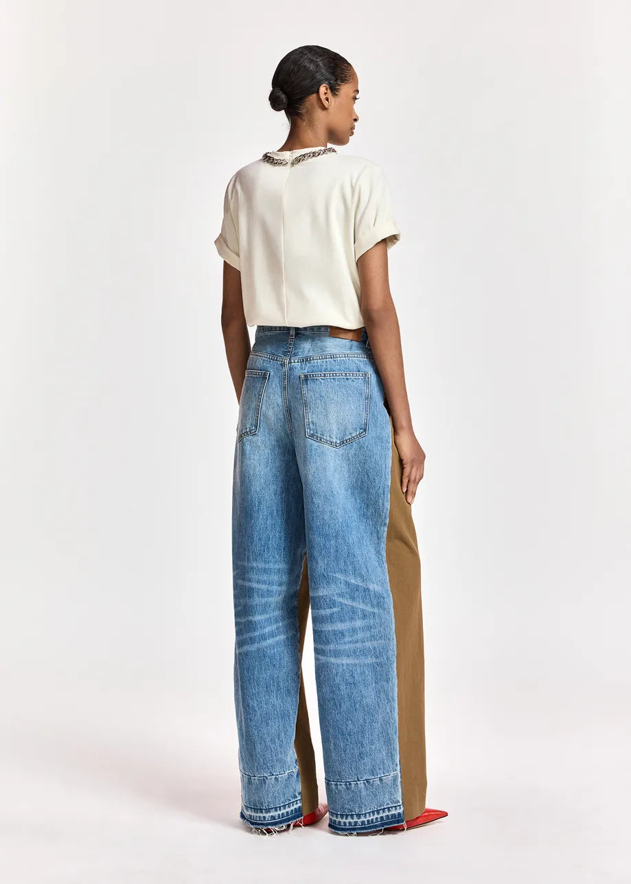Essentiel Antwerp Brown and blue dual-fabric wide-leg pants