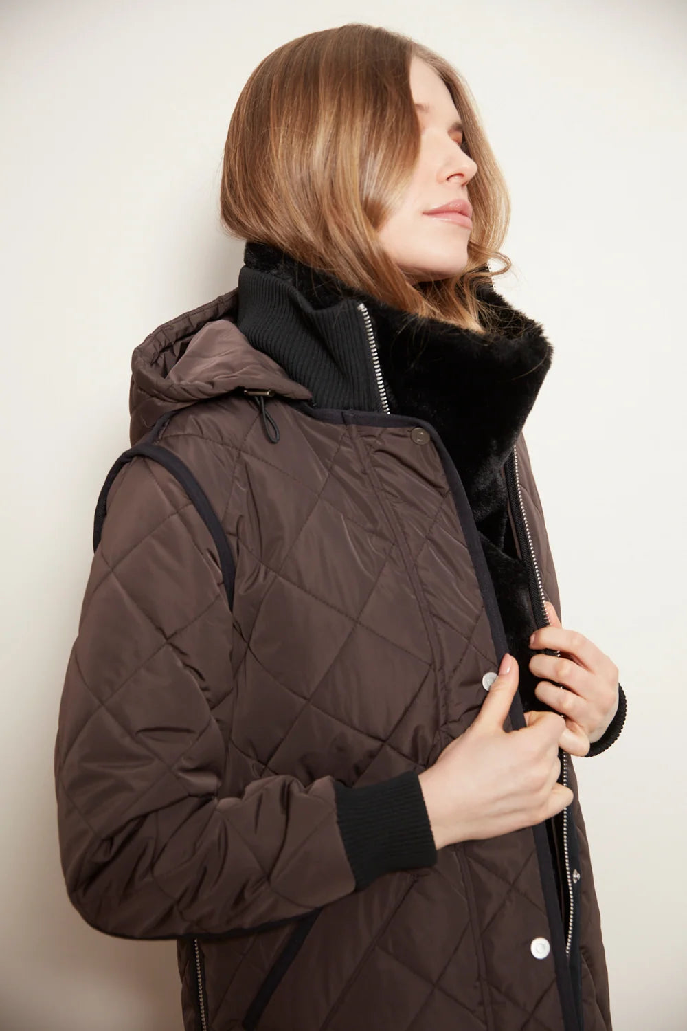 Adrøit Aterlier Libby, quilted full zip coat with removable hood in Black/Camel & Choclate Torte