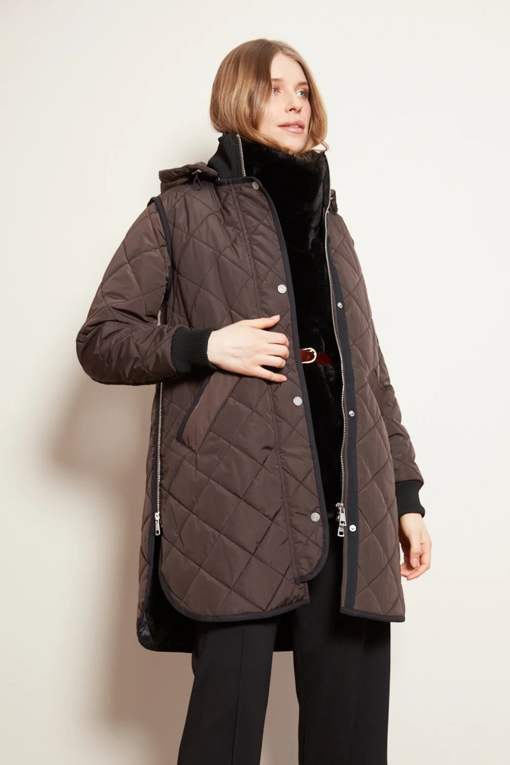 Adrøit Aterlier Libby, quilted full zip coat with removable hood in Black/Camel & Choclate Torte