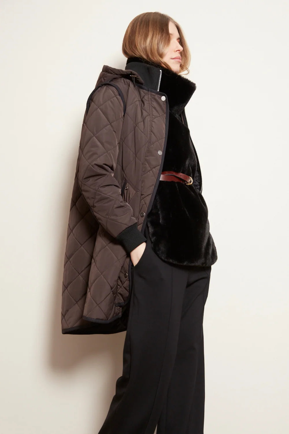 Adrøit Aterlier Libby, quilted full zip coat with removable hood in Black/Camel & Choclate Torte