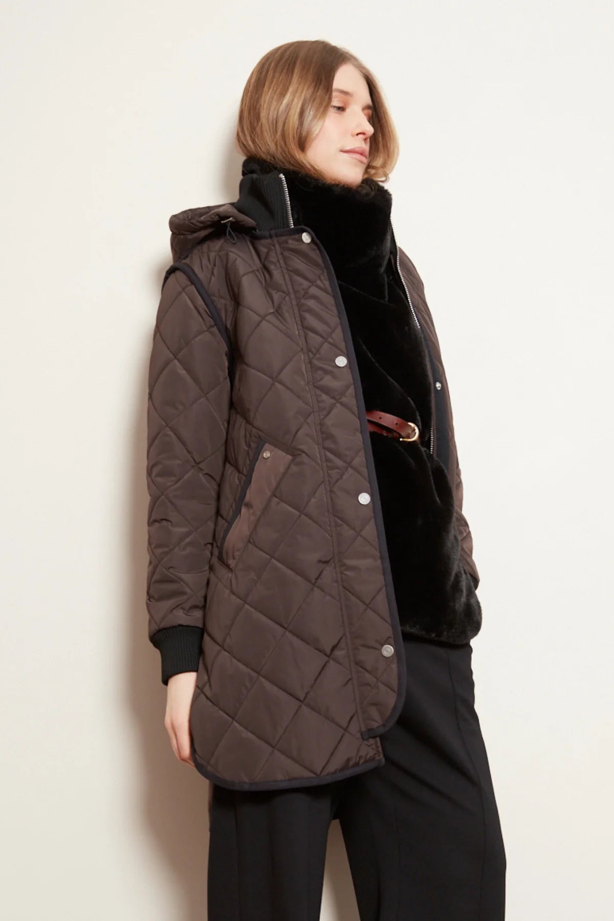 Adrøit Aterlier Libby, quilted full zip coat with removable hood in Black/Camel & Choclate Torte
