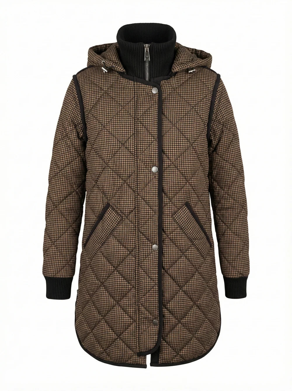 Adrøit Aterlier Libby, quilted full zip coat with removable hood in Black/Camel & Choclate Torte