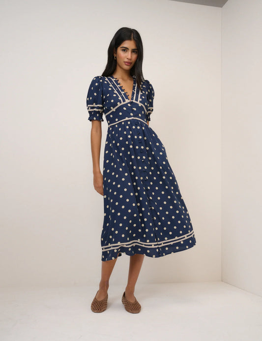 Nobody's Child - Navy Polka Dot Puff Sleeve Saffy Midi Dress