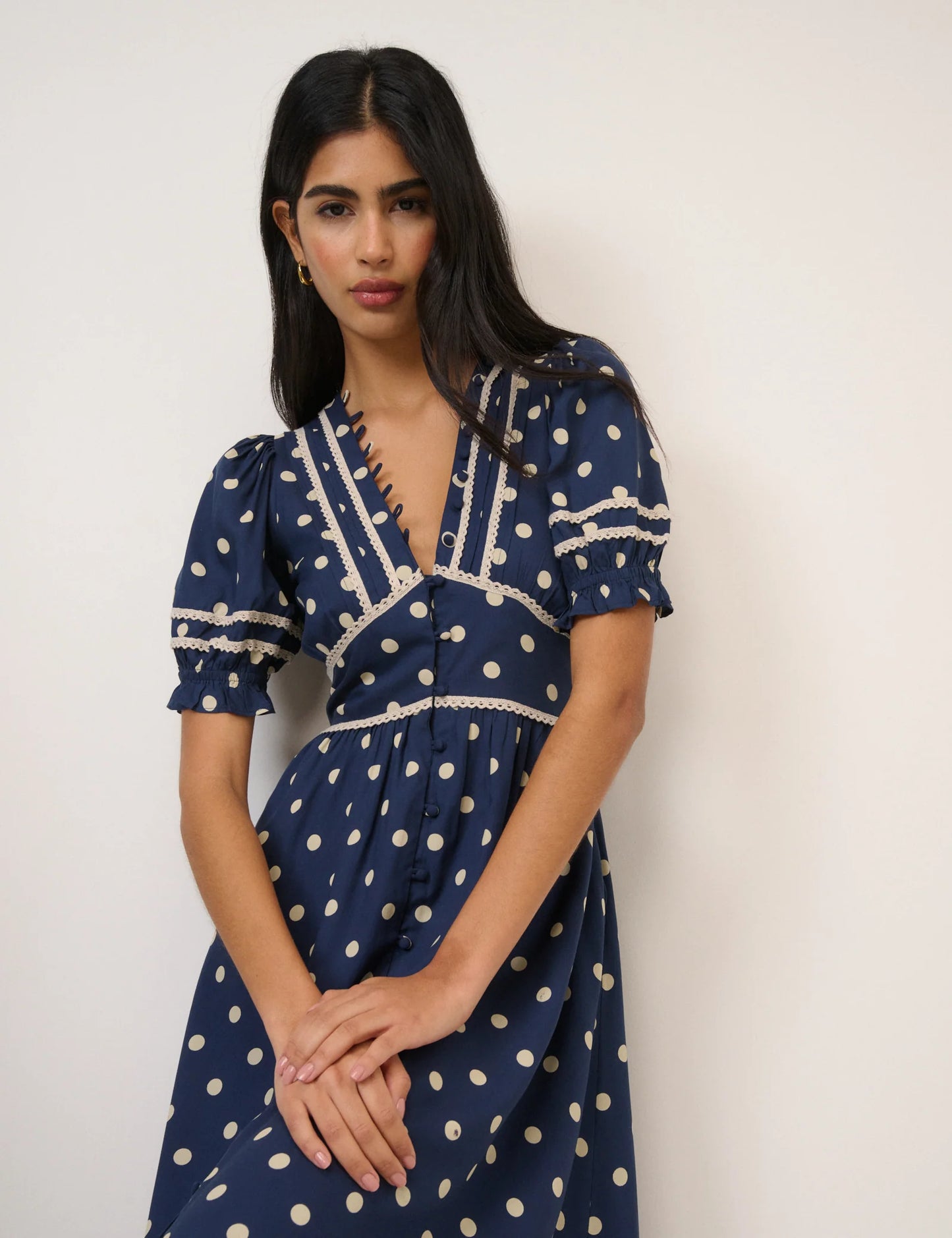 Nobody's Child - Navy Polka Dot Puff Sleeve Saffy Midi Dress