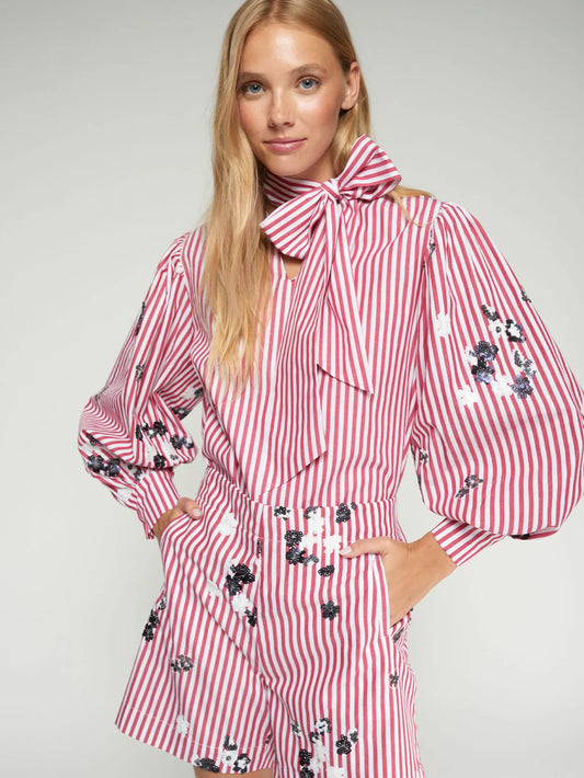 Vilagallo Shirt with Bow, Red Stripes, Flowers, and Sequins