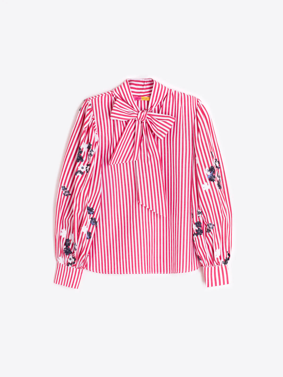 Red and white striped shirt with embroidered designs on a white background
