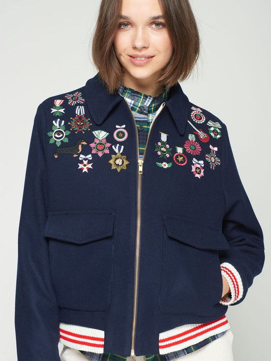Navy Embroidered Bomber Jacket